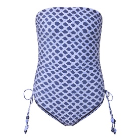 Seafolly Marseille Bandeau Swimsuit in Blue Indigo with geometric print, side ruching, beaded tie details, and strapless silhouette