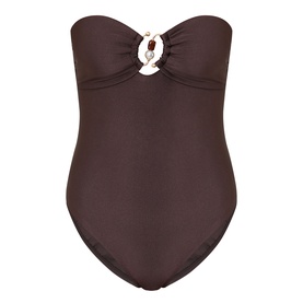 Chocolate brown strapless one-piece swimsuit with gold ring and rope detail at centre bust