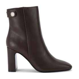 Carvela Jackpot Wide Fit Ankle Boots in brown smooth synthetic, pointed toe, block heel, gold-tone button detail, inner zip fastening