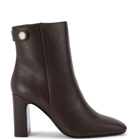 Carvela Jackpot Wide Fit Ankle Boots in brown smooth synthetic, pointed toe, block heel, gold-tone button detail, inner zip fastening