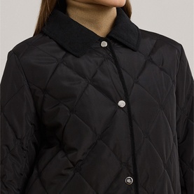 Corduroy-Trim Logo Hooded Quilted Coat