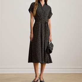 Geometric Belted Flared Dress