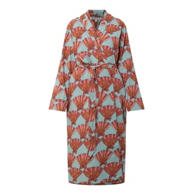 Their Nibs Turning Tides Grandpa Dressing Gown in Clams print, shawl collar, self-tie belt, long length, wide sleeves, coral and sage cotton robe