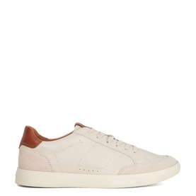 Dune Tabor Cupsole Trainers in white leather with tan heel counter, lace-up fastening, and cream rubber sole