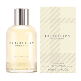 Burberry Weekend For Women Eau de Parfum 100ml, clear glass bottle with gold cap beside pale gold checked box