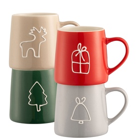 Belleek Christmas Doodles Set of Four Mugs in beige, red, green and grey, each with a festive embossed motif including reindeer, gift, tree and bell
