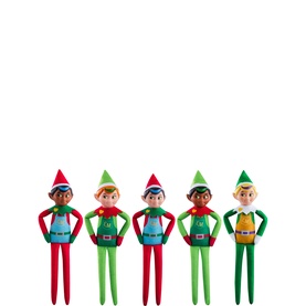 Elf on the Shelf Elf Mates set of 5 poseable elf figures in red and green outfits with pointed hats, assorted skin tones