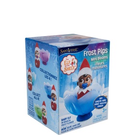Elf on the Shelf Frost Pips Mini Blooms toy, blue mystery box packaging featuring baby elf in frosty flower cradle illustration