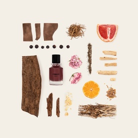 Fugazzi Goudh Extrait de Parfum bottle surrounded by raw ingredients including citrus, dried florals, wood, and spices
