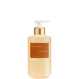 Maison Francis Kurkdjian Grand Soir Hand and Body Cleansing Gel, amber liquid in pump dispenser bottle with gold cap