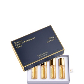 Maison Francis Kurkdjian Oud Satin Mood Roll-On Elixir Gift Set, navy gift box containing four gold roll-on fragrance vials