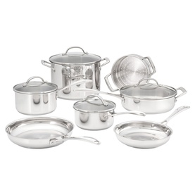 Stellar Origin Steel Seven-Piece Cookware Set in silver stainless steel with glass lids, including stockpot, saucepans, frying pans and steamer