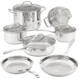 Stellar Origin Steel Seven-Piece Cookware Set in silver stainless steel, including saucepans, frying pans, saut&eacute; pan, stockpot, steamer