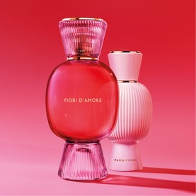 BVLGARI Allegra Fiori D'Amore Eau de Parfum 100ml, red candy-shaped bottle with pink ribbed cap, styled with Magnifying fragrance booster
