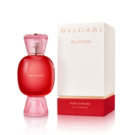 BVLGARI Allegra Fiori D'Amore Eau de Parfum 100ml, red hourglass bottle with pink stopper beside red and white gift box