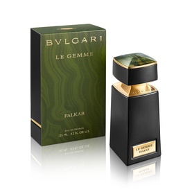BVLGARI Le Gemme Falkar Eau de Parfum 125ml, black and gold bottle with green gemstone cap, beside dark green box