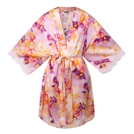 Lace Trim Printed Silk Kimono