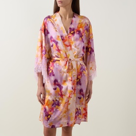 Lace Trim Printed Silk Kimono