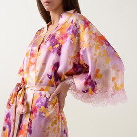 Lace Trim Printed Silk Kimono