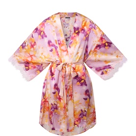Lace Trim Printed Silk Kimono