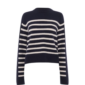 Whistles Striped Knit Sweater in blue with cream stripes, crew neckline, long sleeves, and ribbed trims