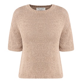 Marc O'Polo Solid Knit Top in taupe, crew neckline, short sleeves, straight hemline with ribbed trims and textured knit structure