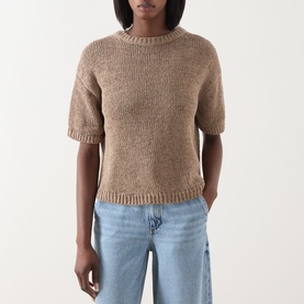 Model wearing Marc O Polo Solid Knit Top in taupe, crew neck, short sleeves, ribbed trims, styled with light blue wide-leg jeans.
