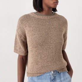 Model wearing Marc O Polo Solid Knit Top in taupe, crew neck, short sleeves with ribbed trims, styled with light blue jeans.