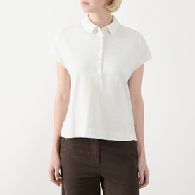 Model wearing Marc O Polo Textured Polo Shirt in light grey with polo collar, cap sleeves and straight hem, styled with dark brown trousers