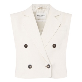 Marc O'Polo Double-Breasted Cropped Waistcoat in beige, sleeveless with notch lapel, dark tortoiseshell buttons and straight hem