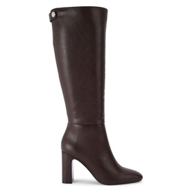 Carvela Jackpot Wide Fit Knee-High Boots in brown synthetic leather, block heel, gold-tone pin stud with crystal embellishment at ankle strap