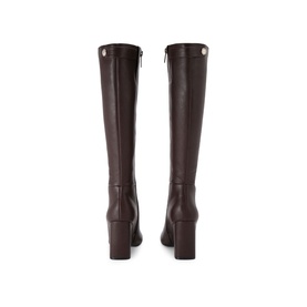 Carvela Jackpot Wide Fit Knee-High Boots in brown synthetic leather, block heel, back zip, gold-tone pin stud detail, pair shown from rear