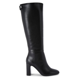 Carvela Jackpot Wide Fit Knee-High Boots in black synthetic leather with block heel and gold-tone crystal pin stud detail at back strap