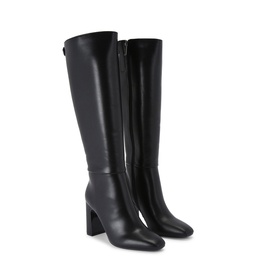 Carvela Jackpot Wide Fit Knee-High Boots in black synthetic leather with block heel, side zip, and gold-tone pin stud detail