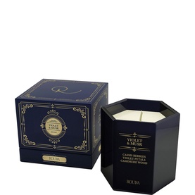 Roura Winter-Seduction Violet & Musk Candle 180g in blue octagonal glass jar with matching navy gift box