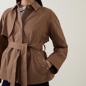 Short Stud Embellished Belted Trench Coat