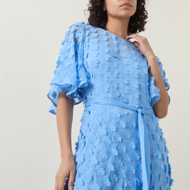 Flower Appliqu&eacute; Tie-Fastening Flared Dress