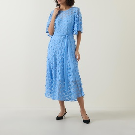 Flower Appliqu&eacute; Tie-Fastening Flared Dress