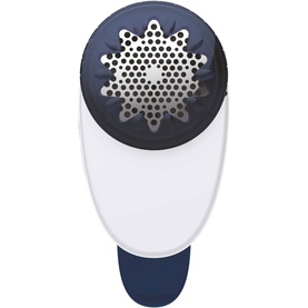Tefal Fabric Shaver in blue and white, overhead view showing circular metal shaving head with star-shaped blade guard