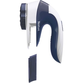 Tefal Fabric Shaver in blue and white, handheld device shown with detachable lint compartment alongside