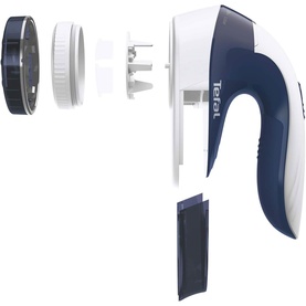 Tefal Fabric Shaver in blue and white, shown disassembled with shaving head, blade guard, and replacement parts displayed