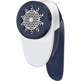 Tefal Fabric Shaver in blue and white with circular stainless steel cutting head and ergonomic handheld body