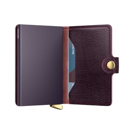 Secrid Basco Ink Leather Miniwallet in burgundy, open showing card compartment, Italian leather with gold-tone snap closure