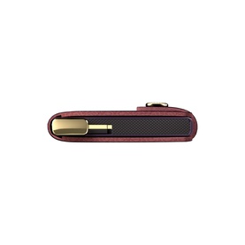 Secrid Basco Ink Leather Miniwallet in burgundy, side profile showing gold-tone zip and textured panel detail