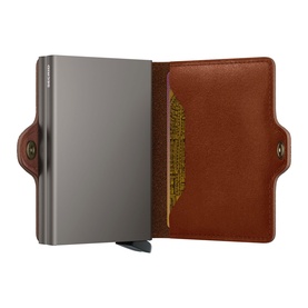 Secrid Texano Twinwallet in brown leather, open showing dual grey aluminium Cardprotectors and tan interior pocket