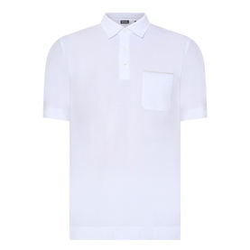 Zegna white linen cashmere silk polo shirt with chest pocket and short sleeves, shown flat on white background
