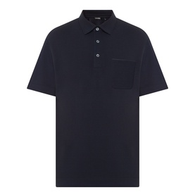Zegna navy linen cashmere silk polo shirt with three-button placket, chest patch pocket, and short sleeves