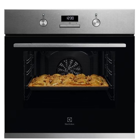 Electrolux 60cm Built-In SurroundCook Fan Oven in stainless steel, open showing freshly baked pastries on rack