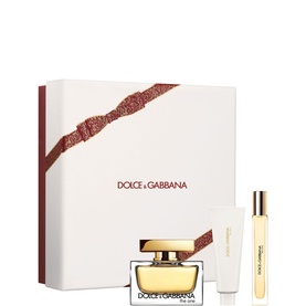 Dolce & Gabbana The One Eau de Parfum Gift Set 75ml, featuring EDP bottle, travel spray, and body lotion in gift box