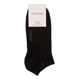 Calvin Klein Socks black cotton blend sneaker ankle socks multi pack, shown in packaging with logo detail.